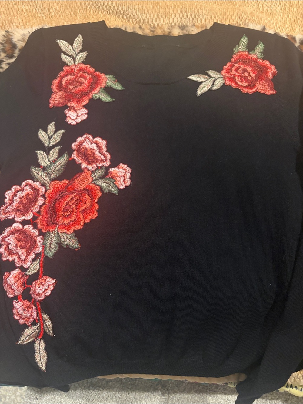 Black Sweater with Red Rose Embroidery